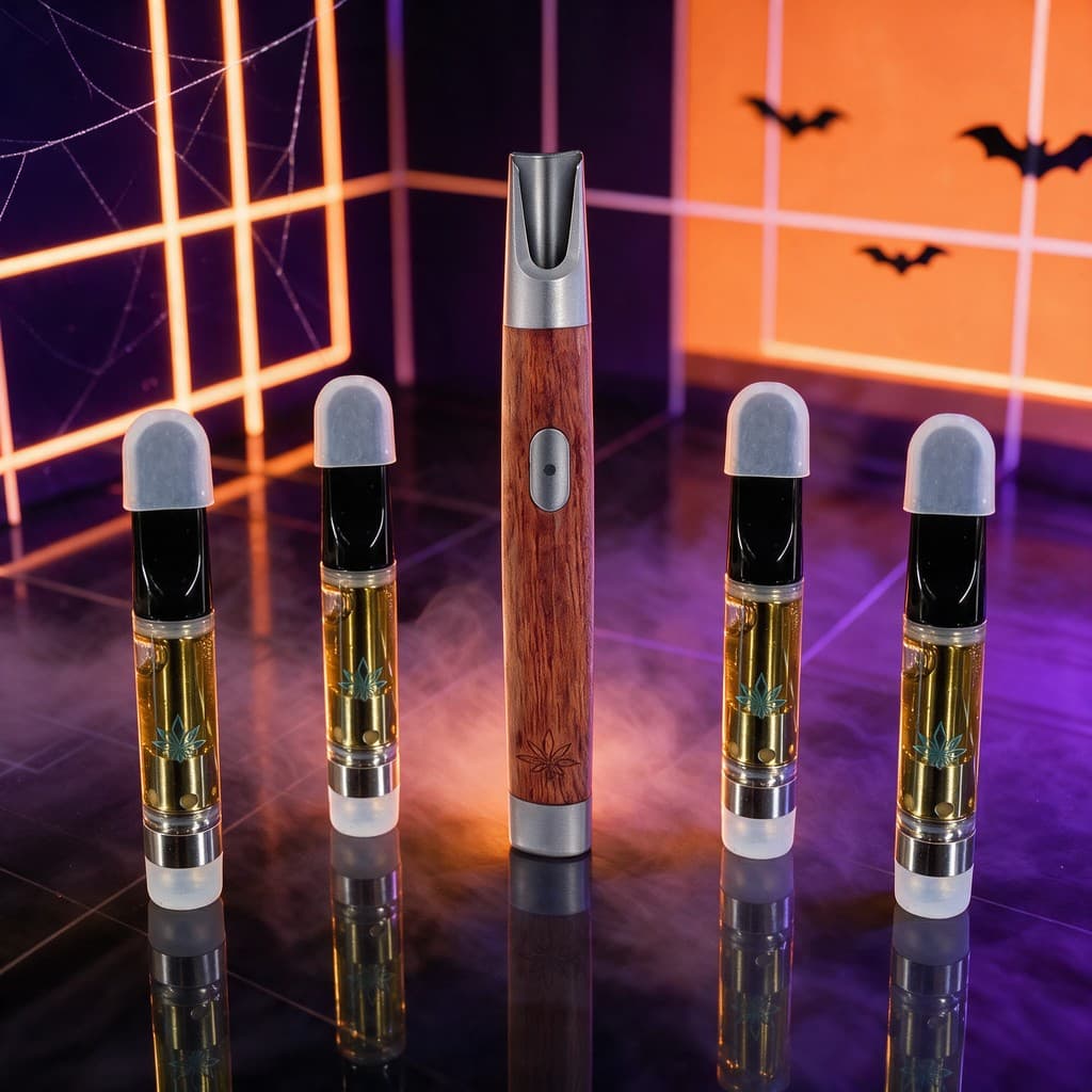 Spooky Starter Pack: four Spooky Trippy cartridges around a Woody wood battery in a Halloween neon grid room