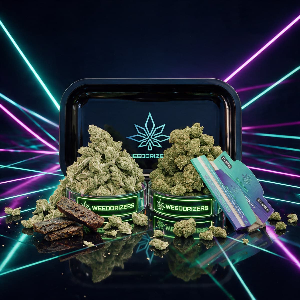 Spark Up Bundle: two glass dishes of flower, three hash slabs, three rolling-paper booklets and a rolling tray
