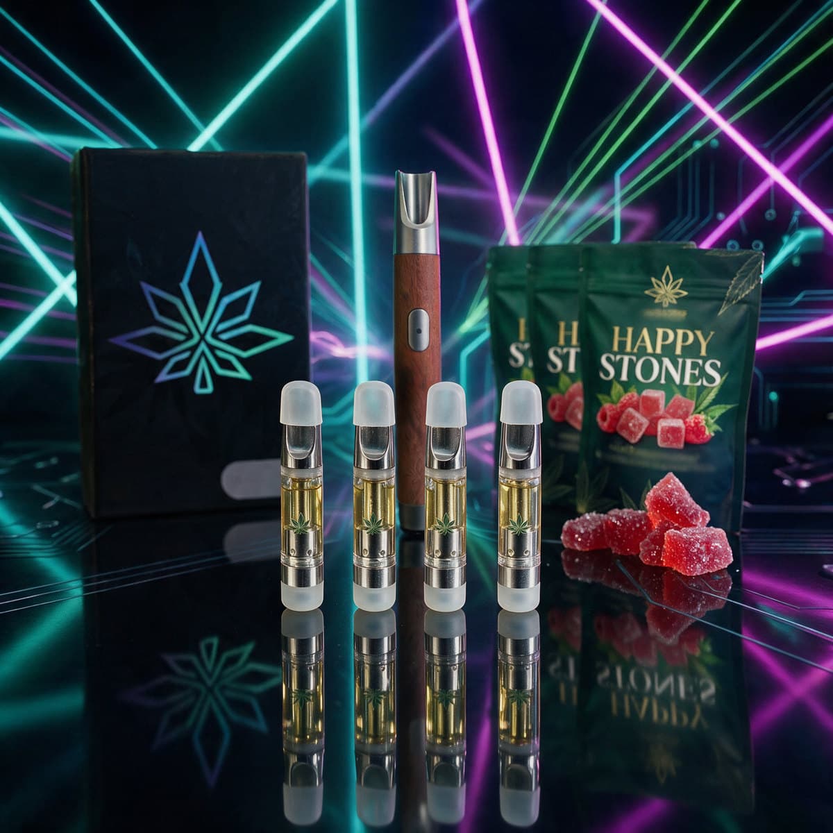 Trippy Gummies Pack: four Trippy 1ml cartridges, a Woody battery and three Happy Stones pouches